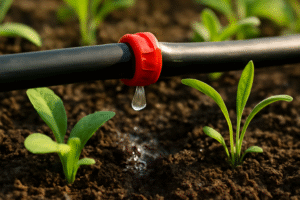 A close-up of a drip irrigation system, with a water droplet being dispensed directly to the roots of plants, showcasing efficient water delivery to the soil.