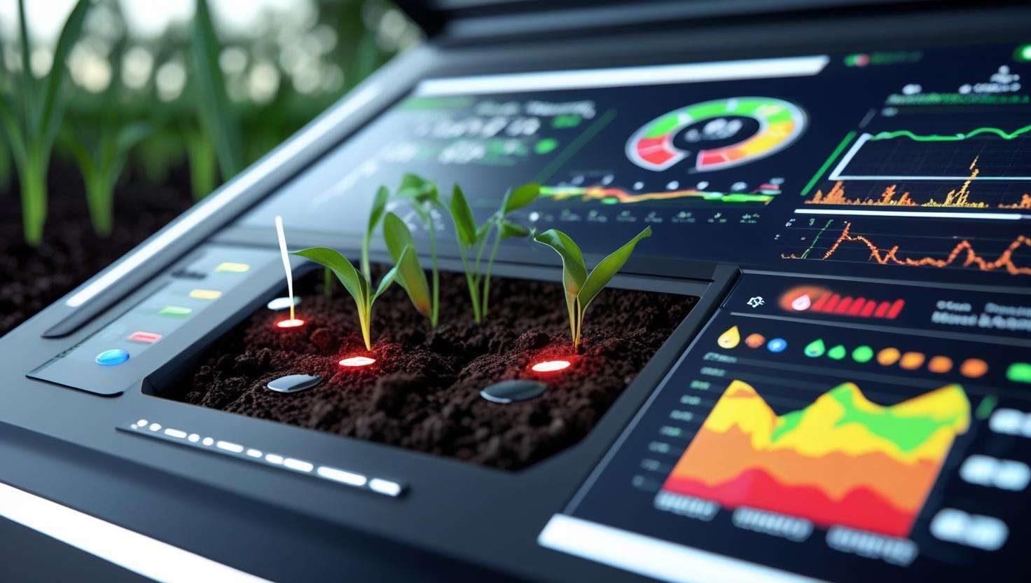 A high-tech digital display of precision irrigation, featuring soil moisture sensors, weather data integration, and automated controllers optimizing watering schedules with glowing cyan accents on a dark background.