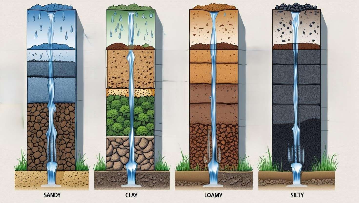 A cross-sectional diagram showing four types of soil (sandy, clay, loamy, silty) with water flowing through each, highlighting the differences in water retention and drainage properties with labeled water droplets and arrows for visual clarity.