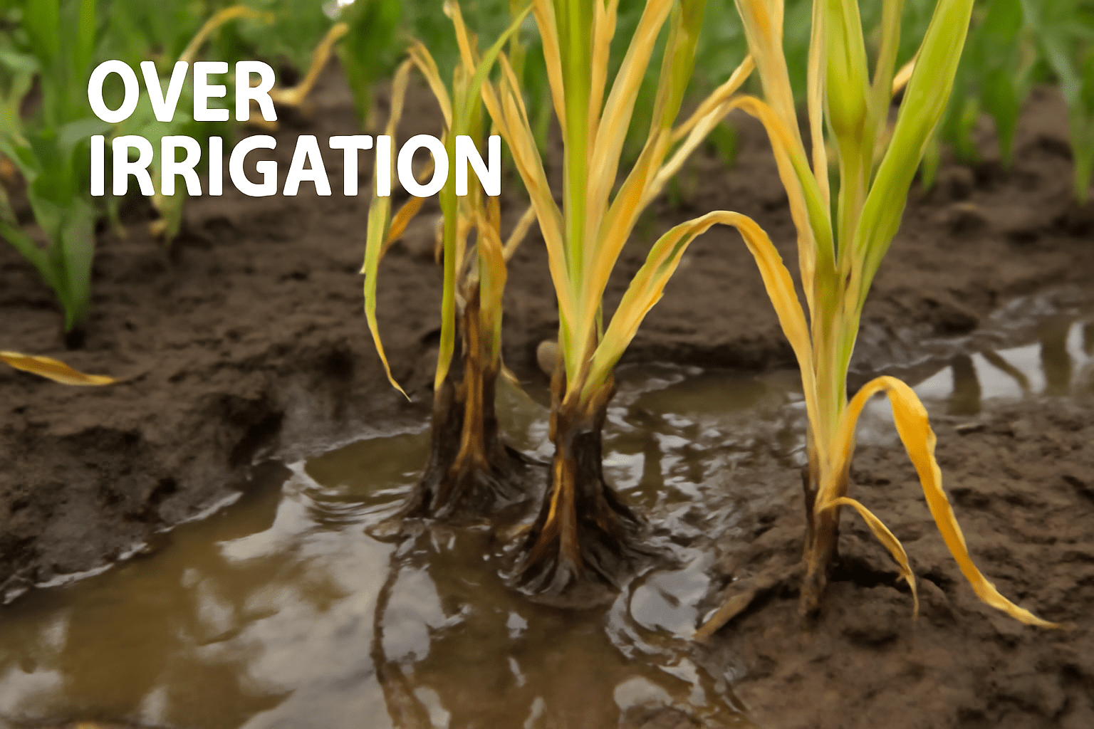 A close-up view of waterlogged soil with yellowing plants and visible root rot, demonstrating the detrimental effects of over-irrigation on crops.