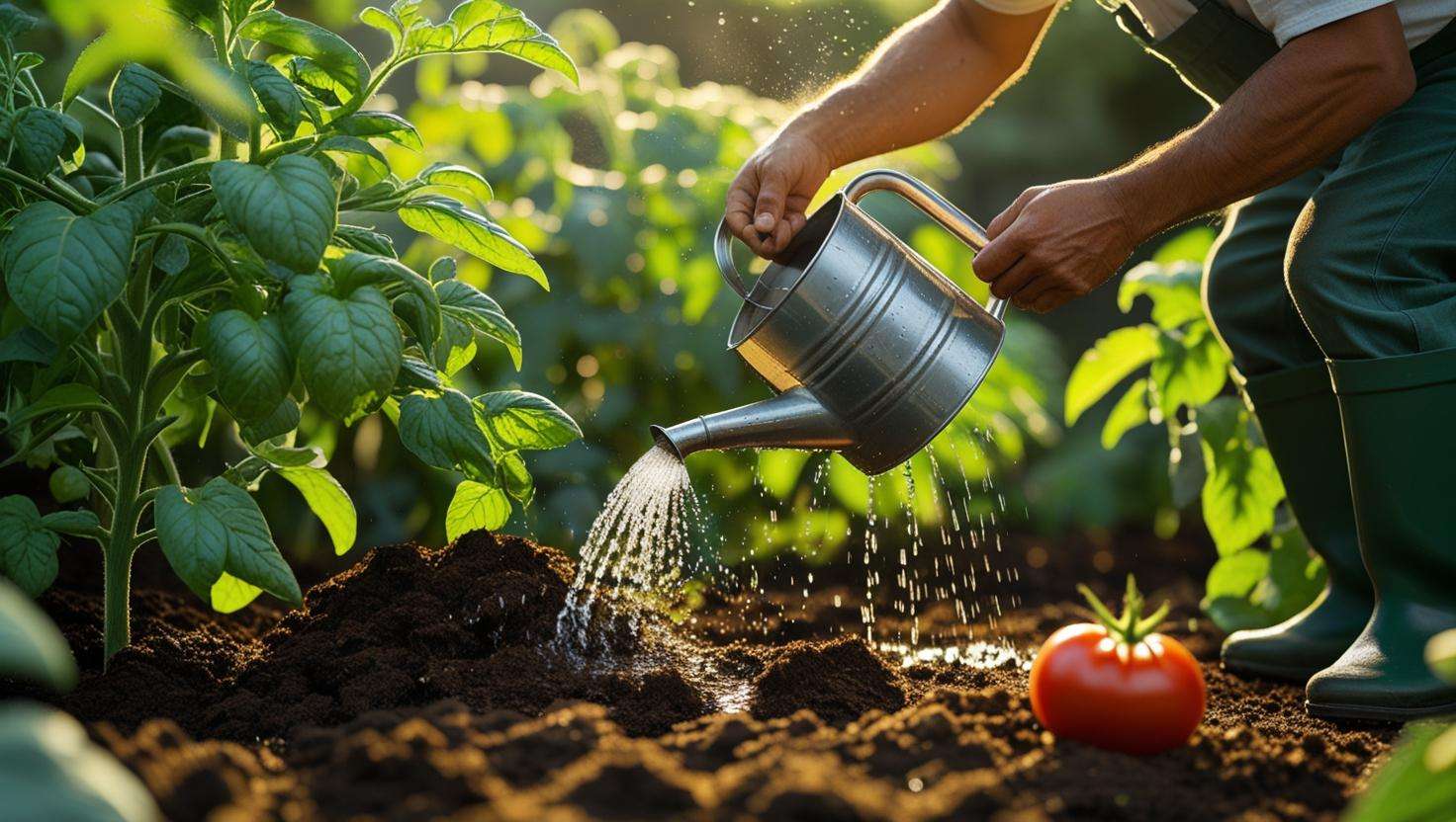 a man watering plants and soil