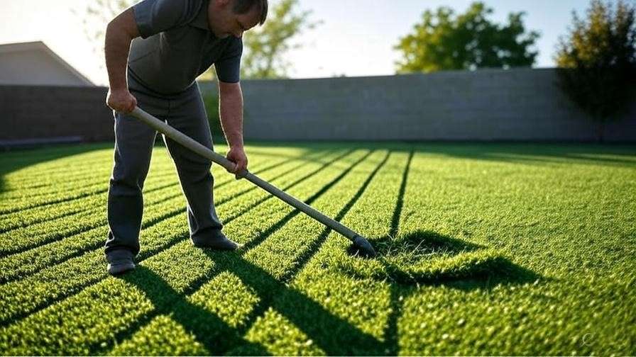 A person using a broom or rake to clean the astro turf, or a close-up of someone brushing the fibers to maintain their shape.
