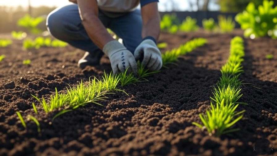 An image showing the planting process, with a gardener planting creeping lily turf or a garden bed being prepared with soil amendment (compost, etc.)