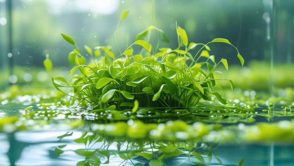 Healthy duckweed aquarium plant floating on the surface of a vibrant tank, providing natural cover and improving water quality.