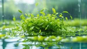 Healthy duckweed aquarium plant floating on the surface of a vibrant tank, providing natural cover and improving water quality.