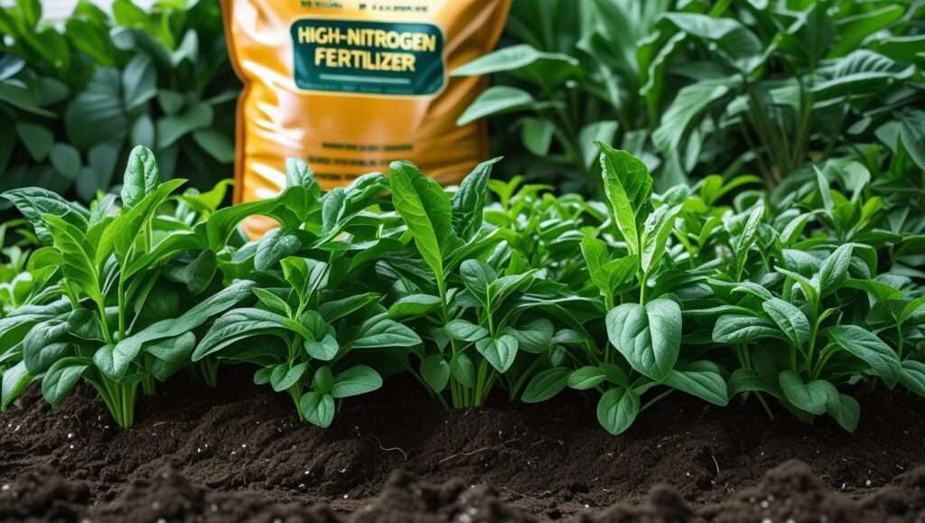 Healthy plants thriving with high nitrogen fertilizer, showing lush green leaves and vibrant growth in a well-maintained garden.