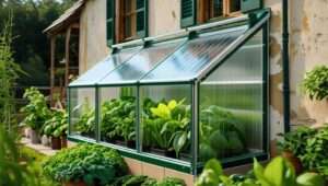 Efficient lean-to greenhouse built in a small garden space, showcasing a cost-effective, space-saving design for year-round plant growth.
