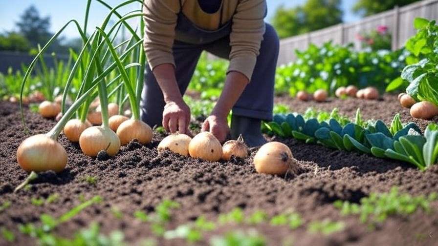 A gardener harvesting mature onions from the garden. 