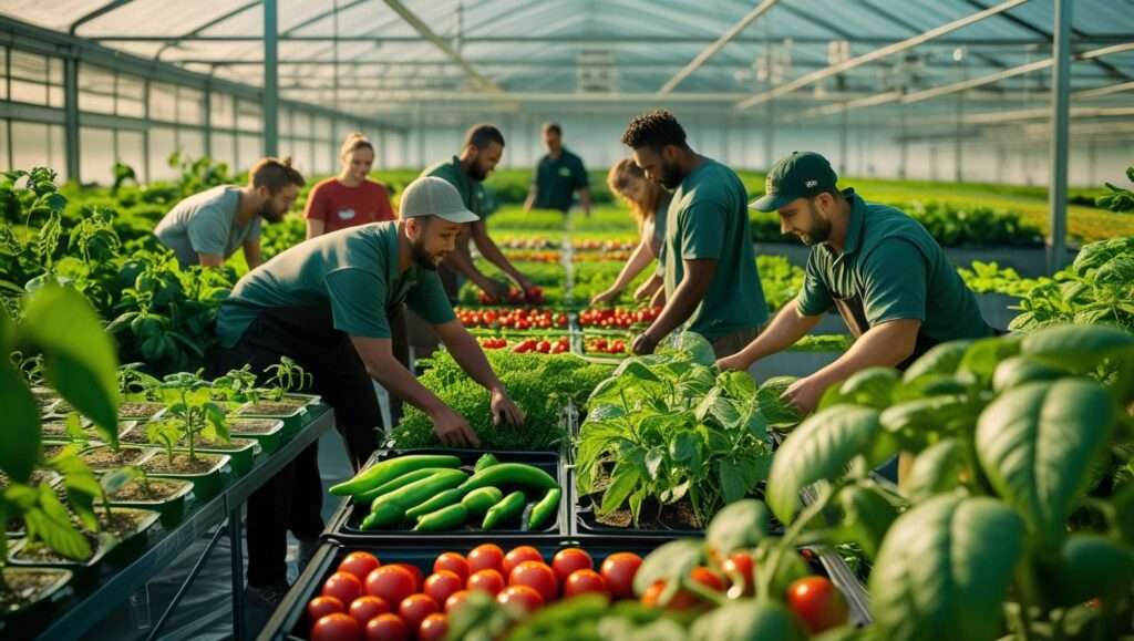 Alt text : Fresh produce grown in a greenhouse, including tomatoes, cucumbers, and herbs, highlighting sustainable farming practices and year-round food production.