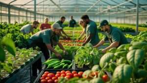 Alt text : Fresh produce grown in a greenhouse, including tomatoes, cucumbers, and herbs, highlighting sustainable farming practices and year-round food production.