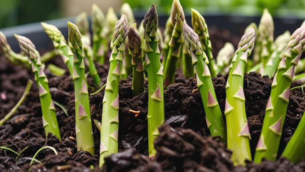 Healthy asparagus plants growing in rich, nutrient-packed soil with asparagus compost applied around the base, showcasing vibrant and thriving crops.
