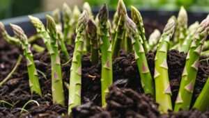Healthy asparagus plants growing in rich, nutrient-packed soil with asparagus compost applied around the base, showcasing vibrant and thriving crops.