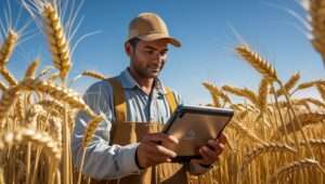 Farmer using technology like drones and smart irrigation to integrate technology with traditional farming for improved productivity and sustainability