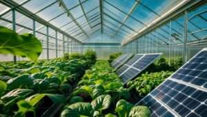 Solar panels installed on a greenhouse, showcasing sustainable energy solutions for farming efficiency and renewable energy use in agriculture.