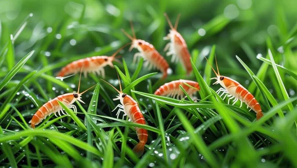 A vibrant garden scene featuring several lawn shrimp burrowing through rich, organic mulch and moist, healthy soil. Visible strong roots and water penetrating the soil highlight the decomposition of organic matter, showcasing the lawn shrimp's role in enhancing soil health. The image is set against a backdrop of lush green plants, with sunlight illuminating the scene, creating a natural and inviting atmosphere.