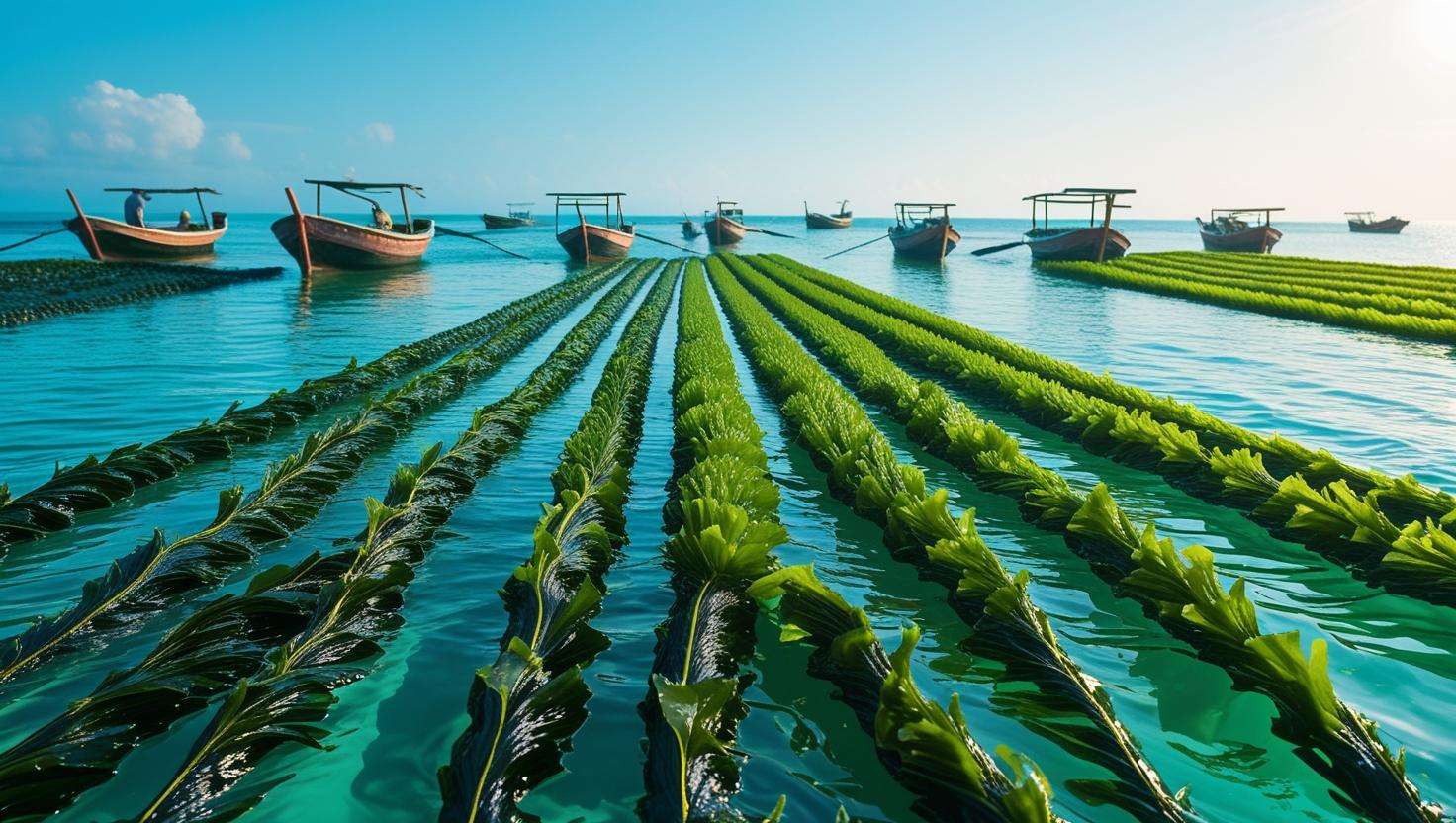 A serene underwater scene showing lush green seaweed swaying gently beneath the ocean surface