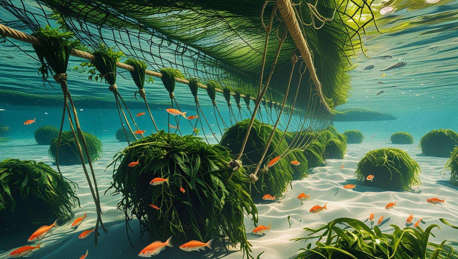 Surrounding the seaweed are fish, crabs, and clean, clear water. Educational style, vibrant colors, slightly stylized.