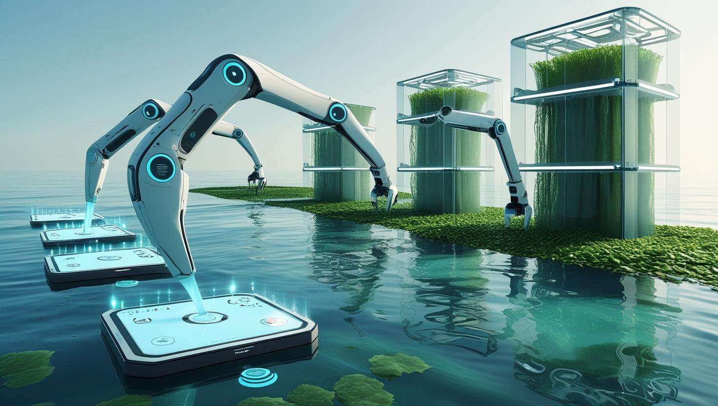 Futuristic seaweed farm using AI sensors, floating platforms, and underwater drones.