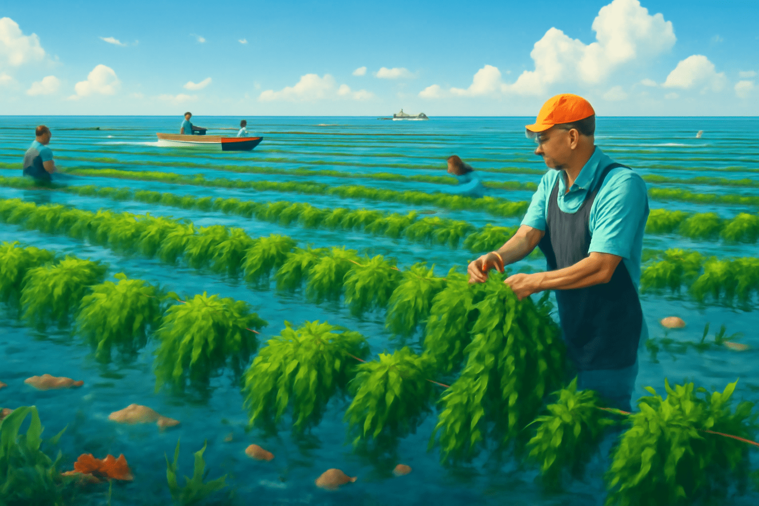 showing someone setting up ropes and buoys in the ocean to start a seaweed farm.