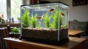 Indoor aquaponics fish tank setup featuring a clear fish tank with tilapia and an elevated wooden grow bed filled with lettuce, basil, and parsley. The water circulates between the tank and the plants, creating a sustainable ecosystem.