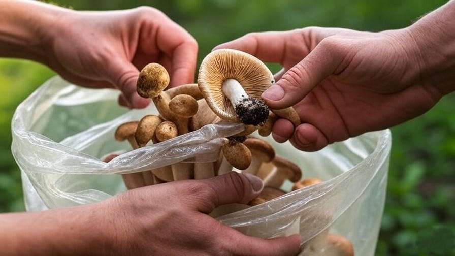 A close-up of fully-grown mushrooms (like shiitake or oyster) being harvested, either by cutting them with a knife or twisting them off the stem.