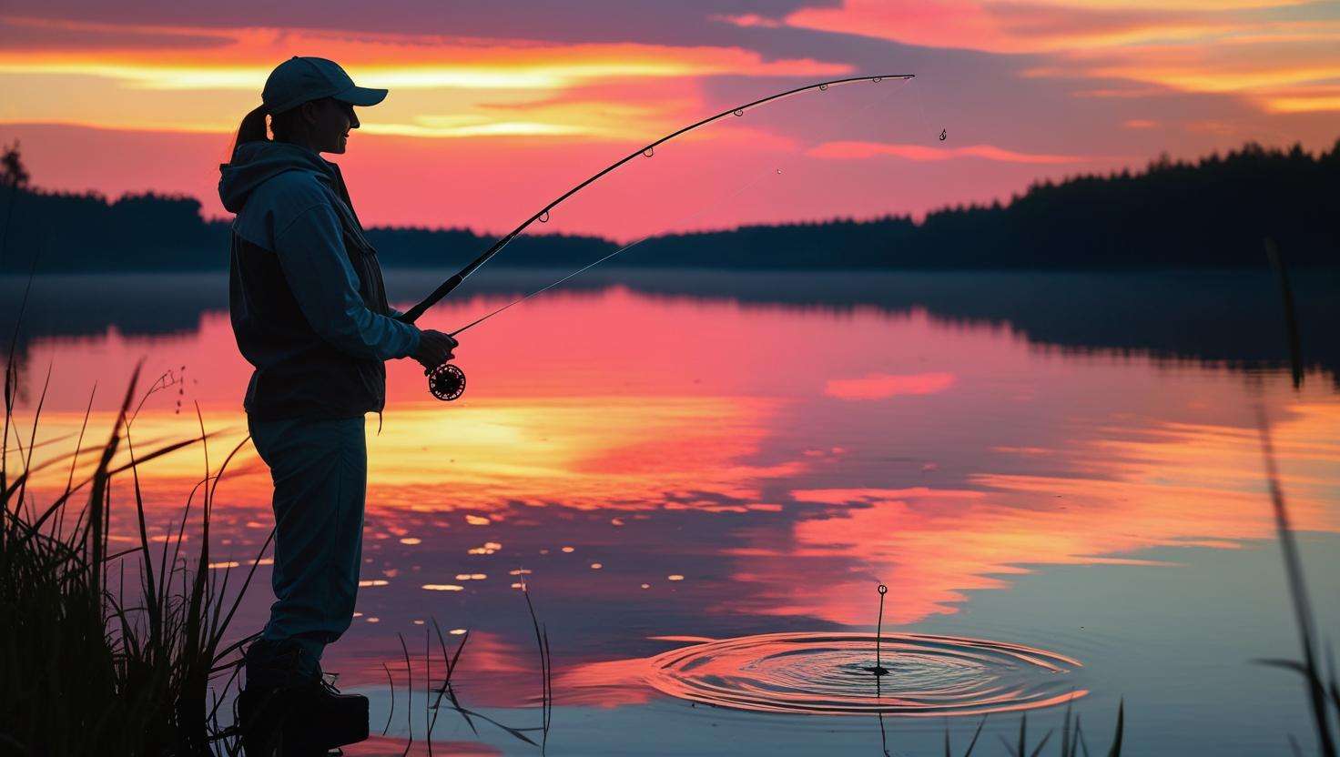  A calming, inspirational image of an angler walking towards a lake or casting the line, with a visible worm bait in the water. This image should evoke excitement and confidence for the fishing trip.