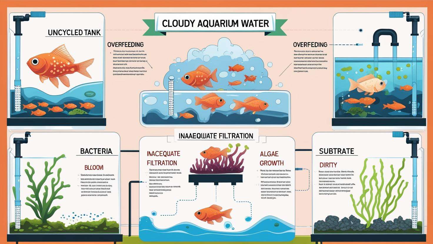  A visual diagram showing different causes of cloudy water in an aquarium. This could include icons or illustrations for uncycled tanks, overfeeding, inadequate filtration, bacterial blooms, algae growth, and dirty substrate.