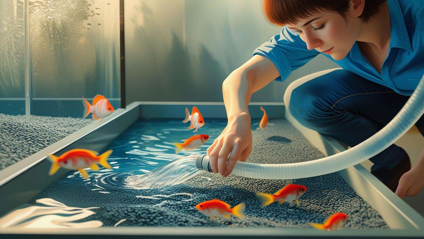  A person cleaning the aquarium filter or performing a water change using a siphon.