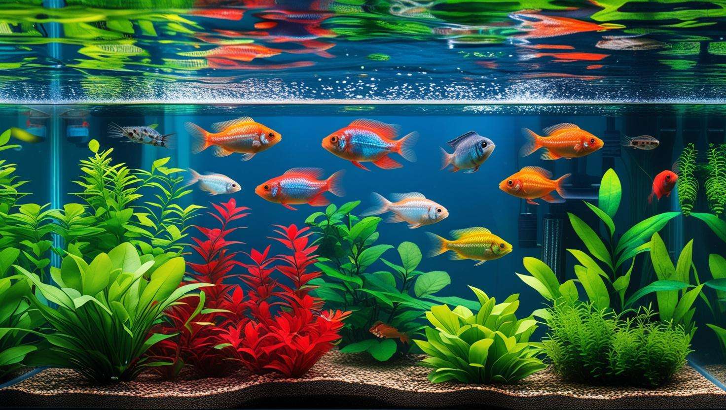  A healthy, well-maintained aquarium with plants, clear water, and vibrant fish.