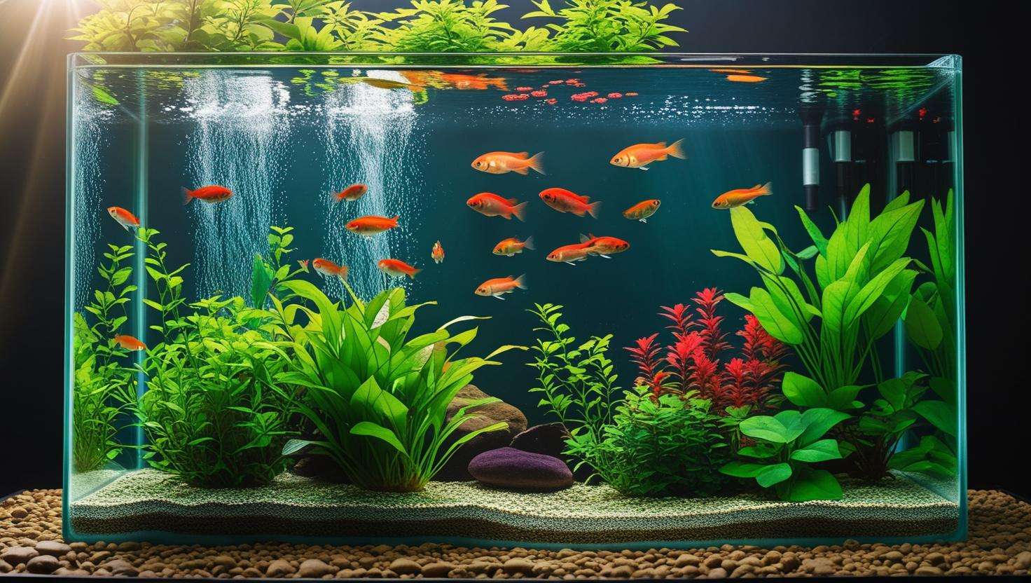  A vibrant, crystal-clear aquarium with healthy fish and plants, reflecting the success of following the article’s tips.