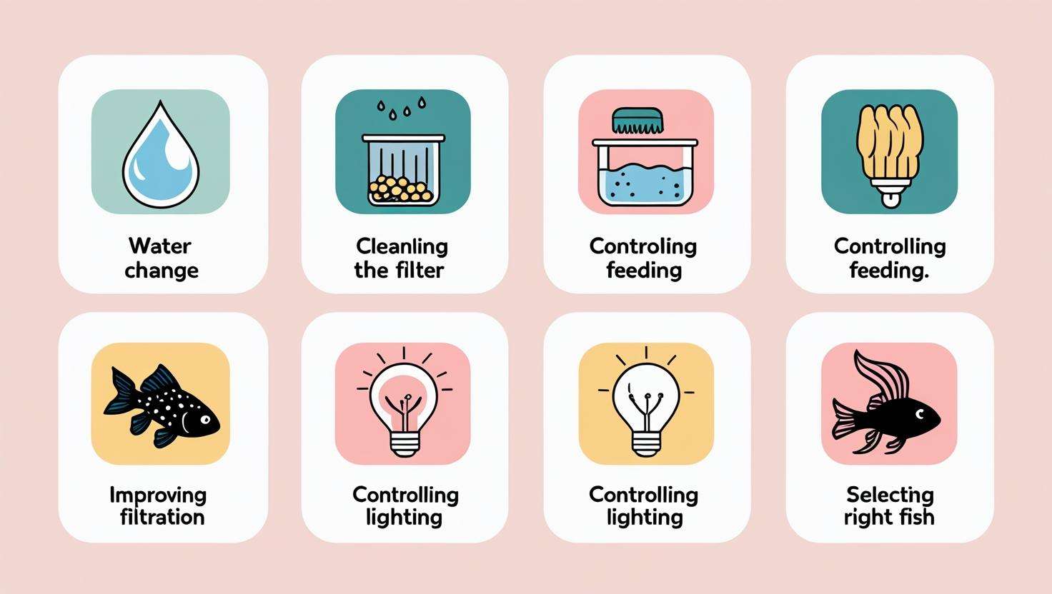  A checklist with icons for each action step: water change, filter cleaning, feeding control, proper filtration, light control, and fish selection.