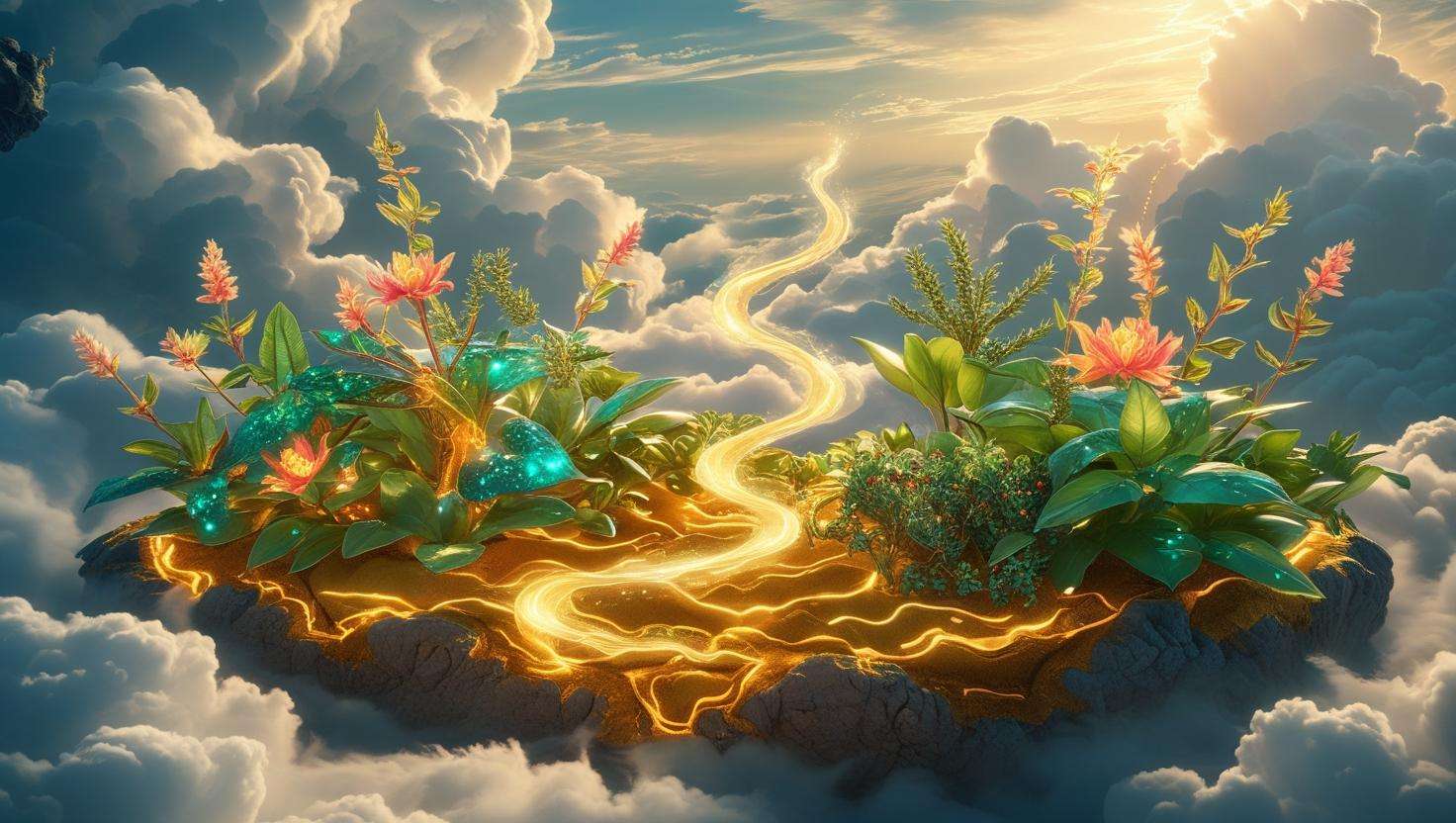 Immortal Farm System Space floating in clouds with glowing plants and golden Qi energy streams for cultivation"