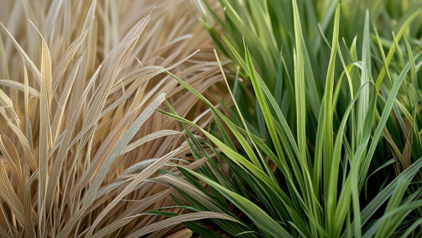 a dry and a green grass side by side