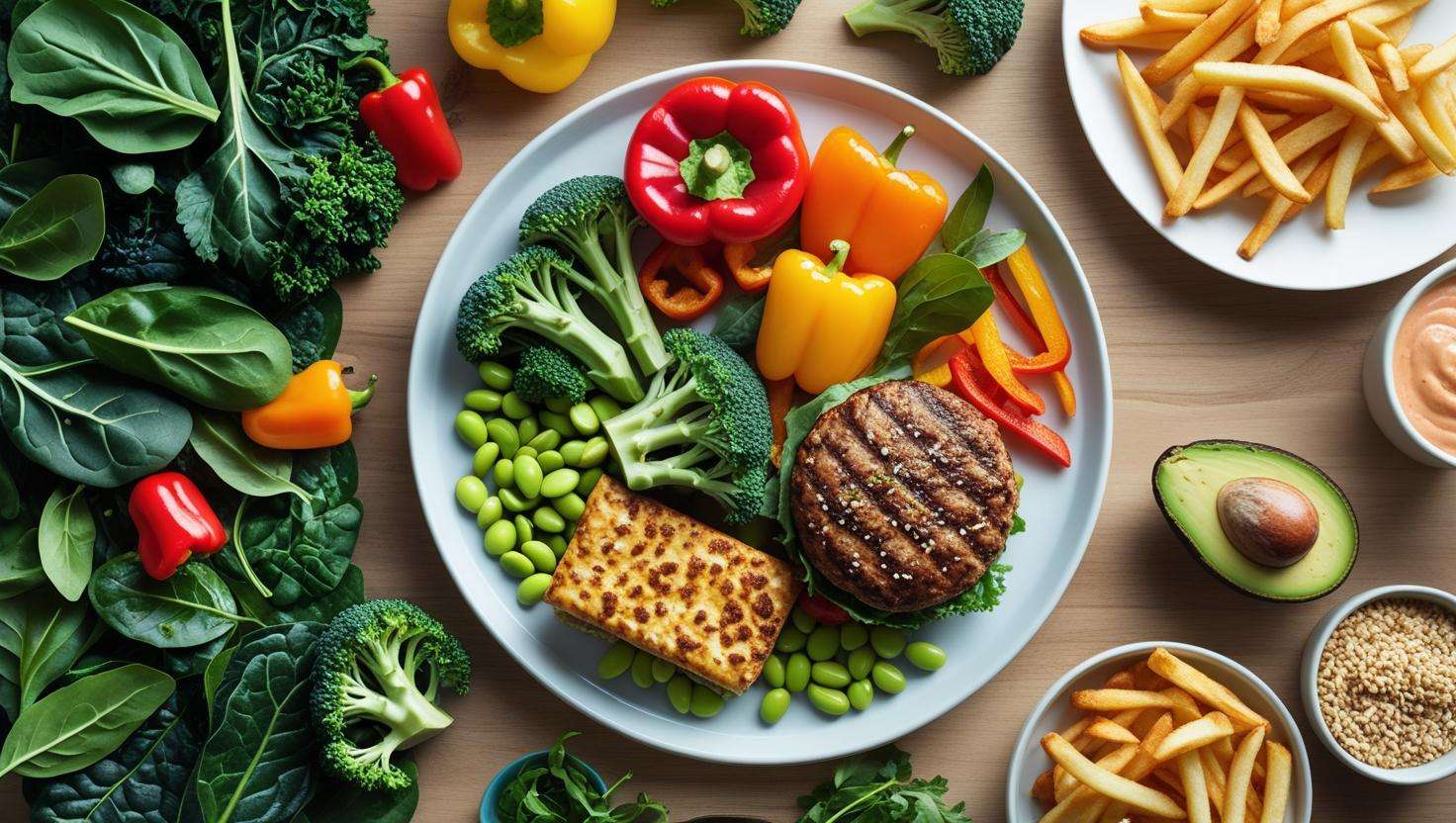 A split image showing a healthy vegetable plate with fresh veggies on one side, and an unhealthy processed meal on the other, illustrating the benefits of vegetable-based meals over fast food