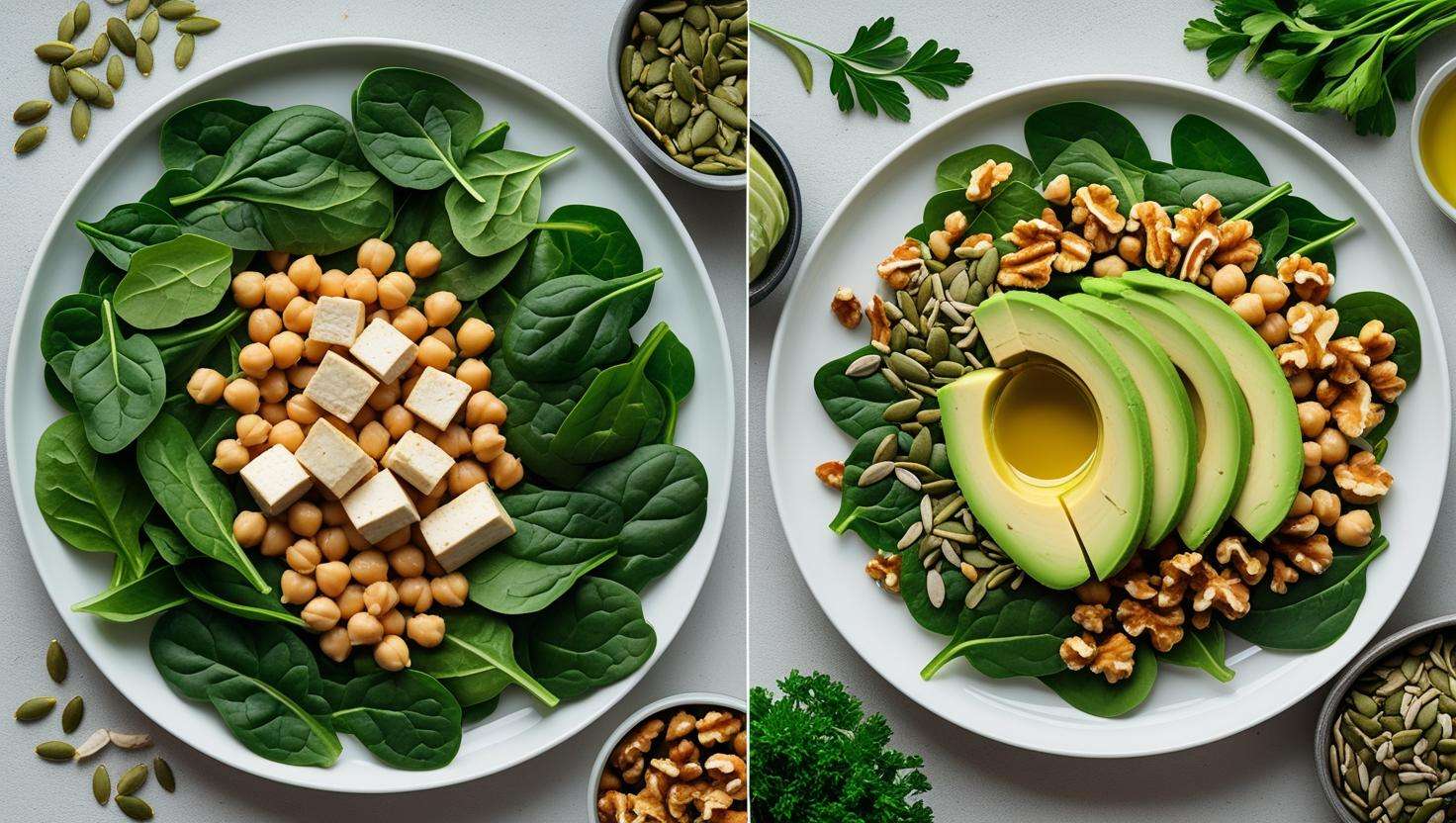 A step-by-step guide to building the perfect vegetable plate, featuring leafy greens, protein sources like chickpeas, healthy fats like avocado, and colorful veggies like carrots and cucumbers.