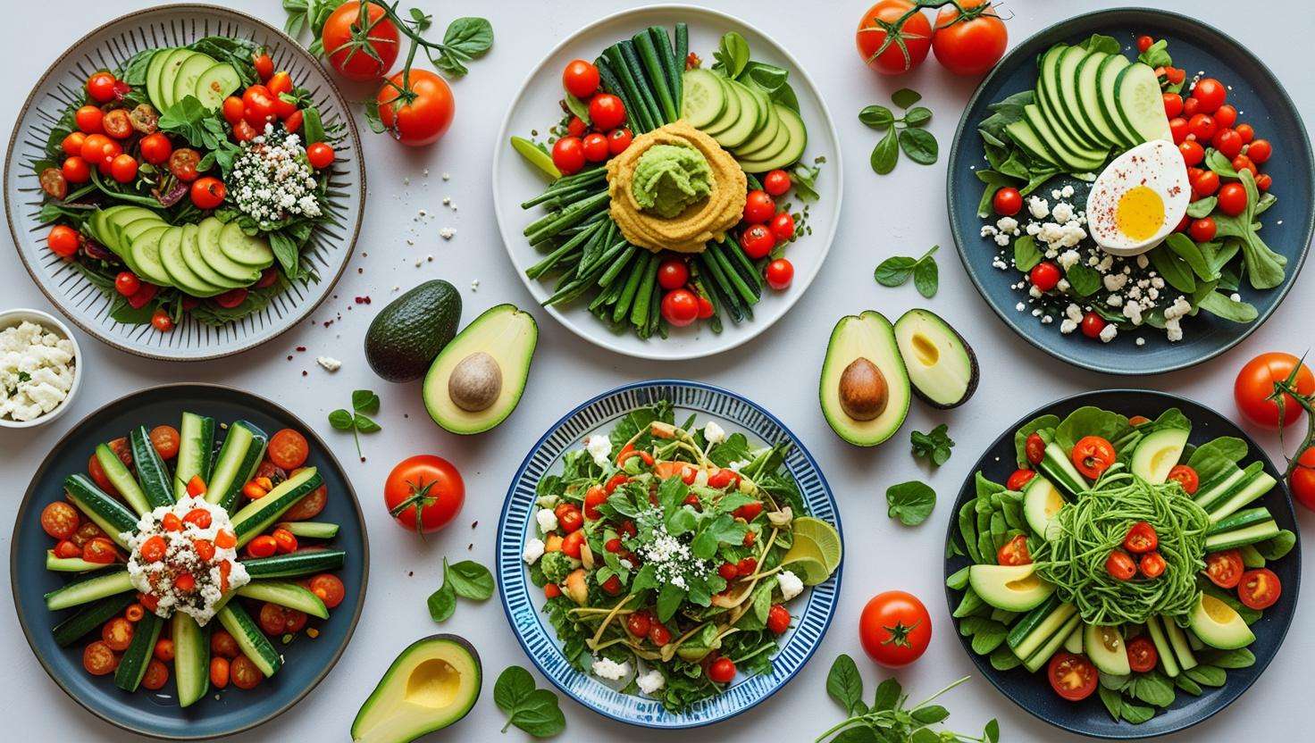 A collage of 5 different vegetable plates showcasing various cuisines such as Mediterranean, Mexican, and Asian-inspired plates, each filled with colorful vegetables and healthy toppings