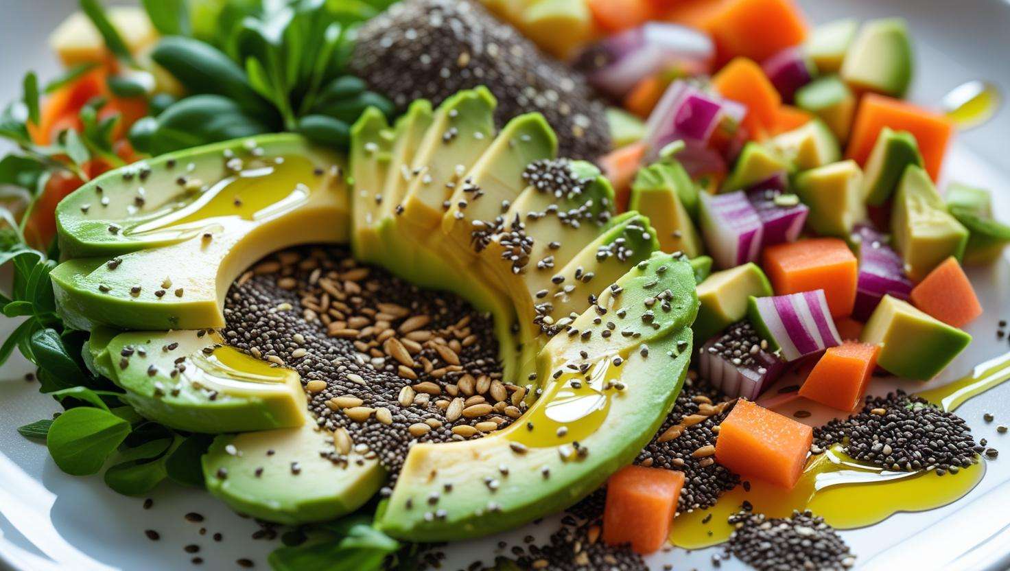 A healthy vegetable plate enhanced with superfoods like chia seeds, avocado, and olive oil, showing a balanced, nutrient-dense meal with a variety of fresh vegetables