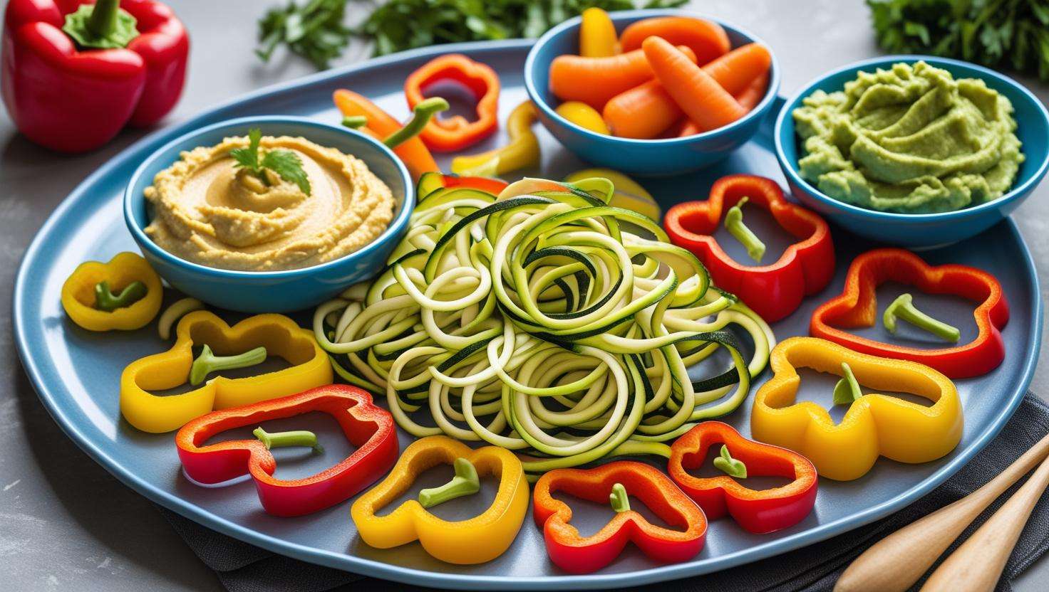 A playful and colorful vegetable plate with spiralized zucchini noodles, vibrant bell peppers, crunchy seeds, and dips like hummus, making vegetables fun and engaging for all ages