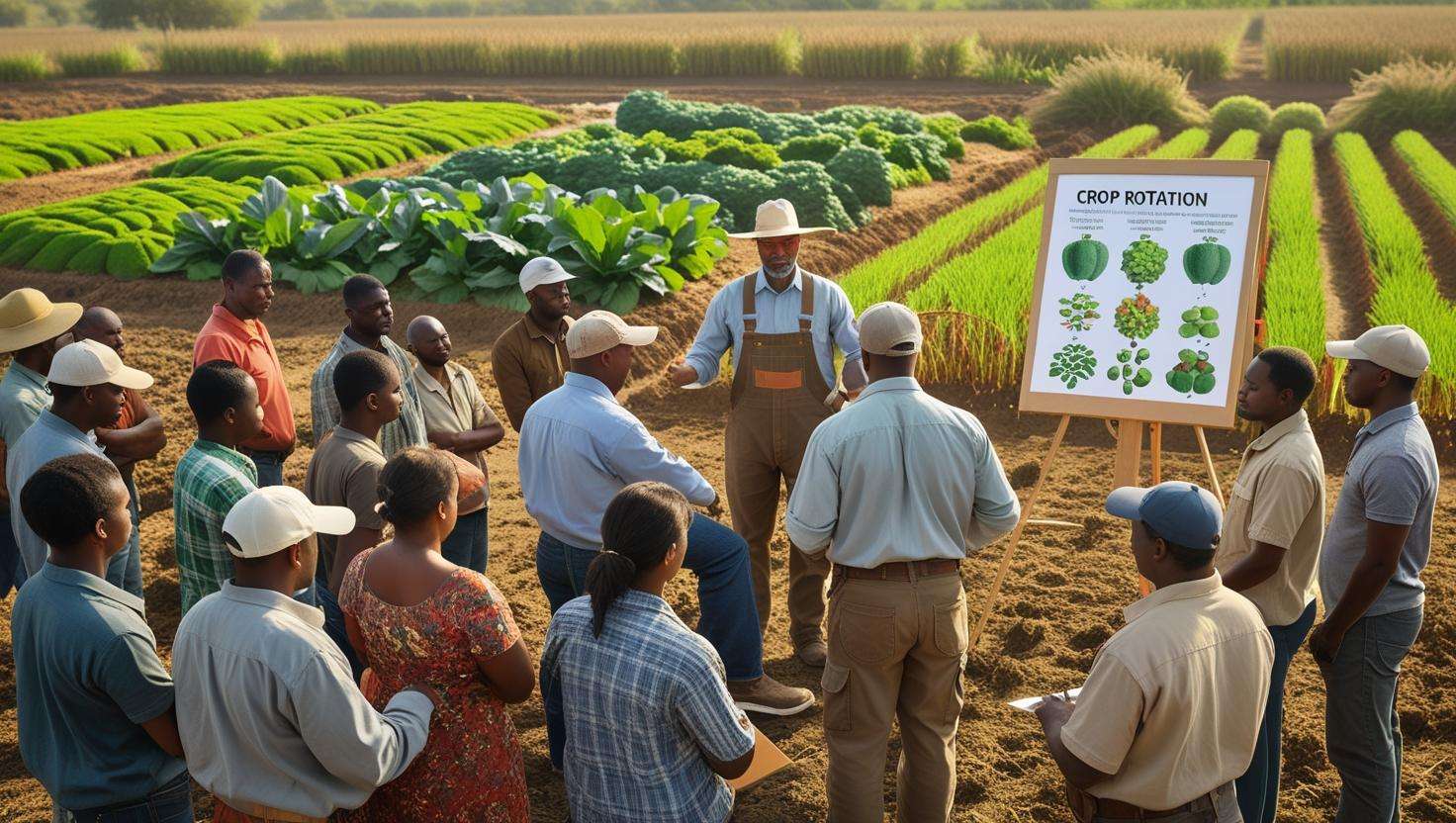 an agricultural workshop where a farming expert is explaining crop rotation to a group of farmers. Show farmers of diverse backgrounds in a field, with crop rotation charts or plants in the background. The atmosphere should be educational and practical.