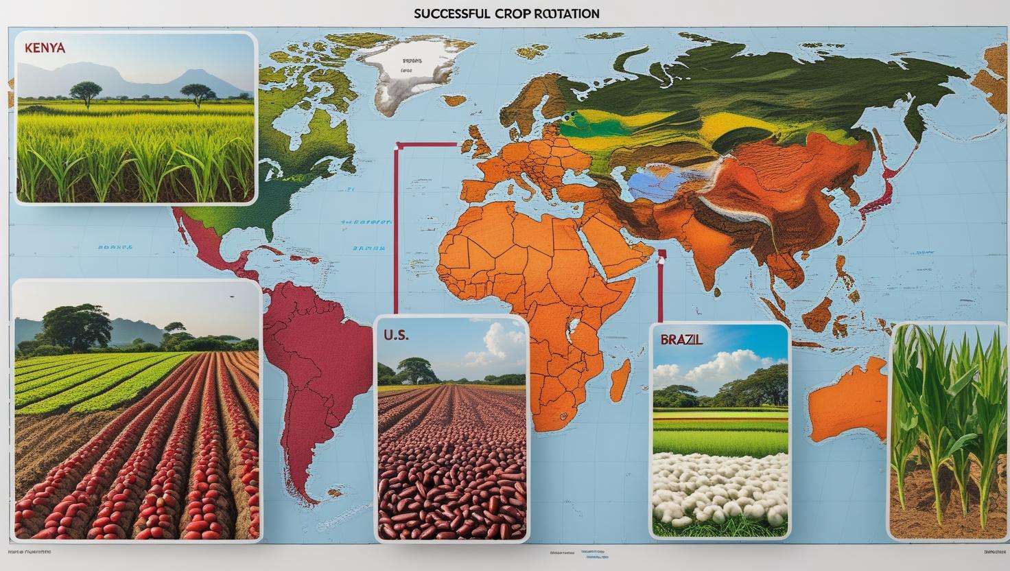 World map highlighting countries like Kenya, India, the U.S., Ethiopia, and Brazil, with inset images of crops grown through successful crop rotation in each region. The crops shown include green beans in Kenya, rice in India, maize in Ethiopia, and cotton in Brazil, with each country labeled clearly