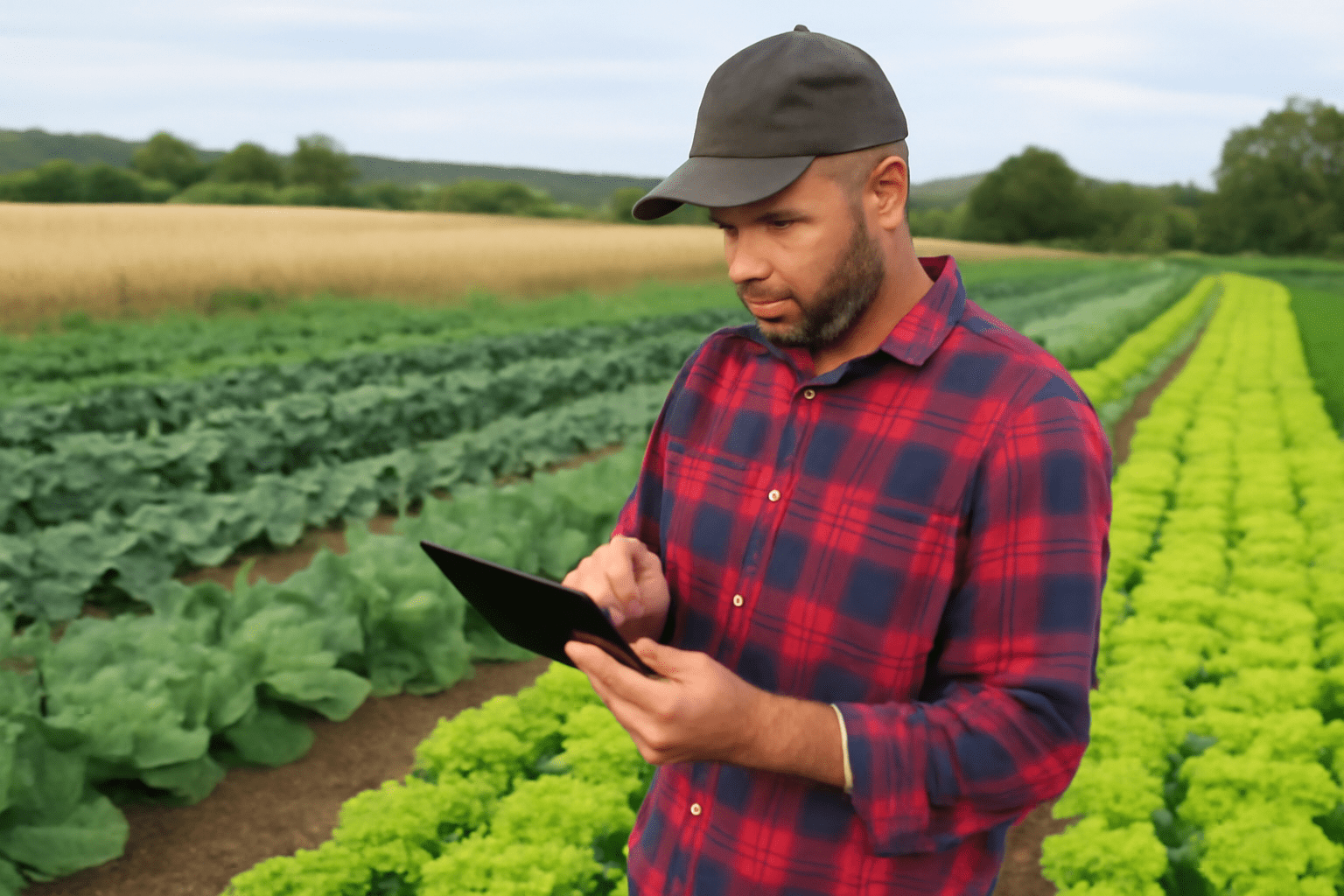 A farmer in a red and flannel shirt, standing in a field with diverse crops like lettuce and kale, using a tablet to track crop rotation. The background features rolling hills and golden wheat, creating a calm and focused agricultural work environment.