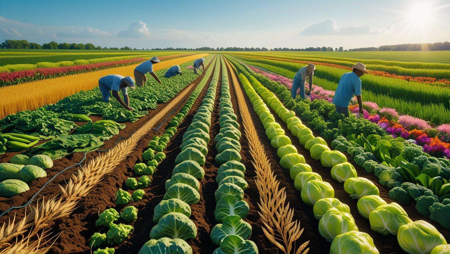 Three farmers working on a thriving, sustainable farm with diverse crops like cabbage, lettuce, and wheat. The farm is under a bright spring sky, with healthy crops and rich soil. The scene exudes positivity, sustainability, and long-term farming success.