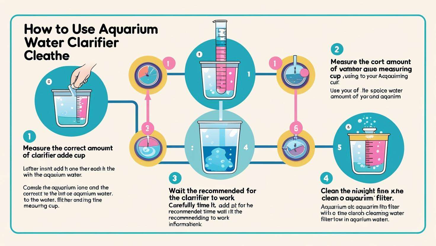  A step-by-step guide showing the correct way to use an aquarium water clarifier (measuring, adding, and waiting).
