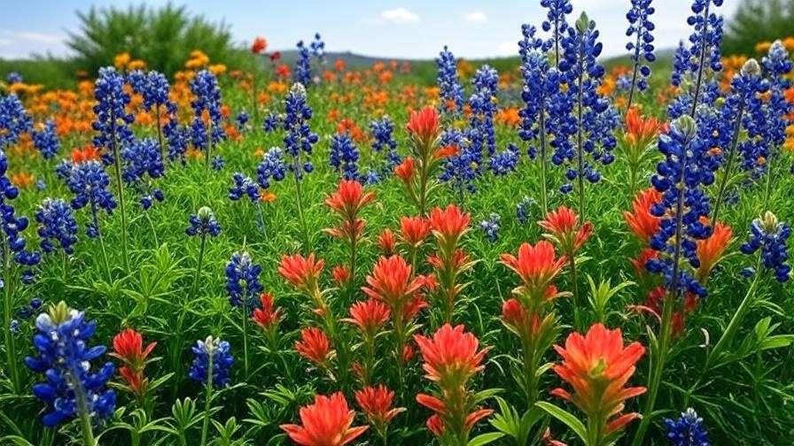 Vibrant Texas wildflower garden with Bluebonnets, Indian Paintbrush, and Black-eyed Susan under a clear blue sky, showcasing the beauty of native wildflowers