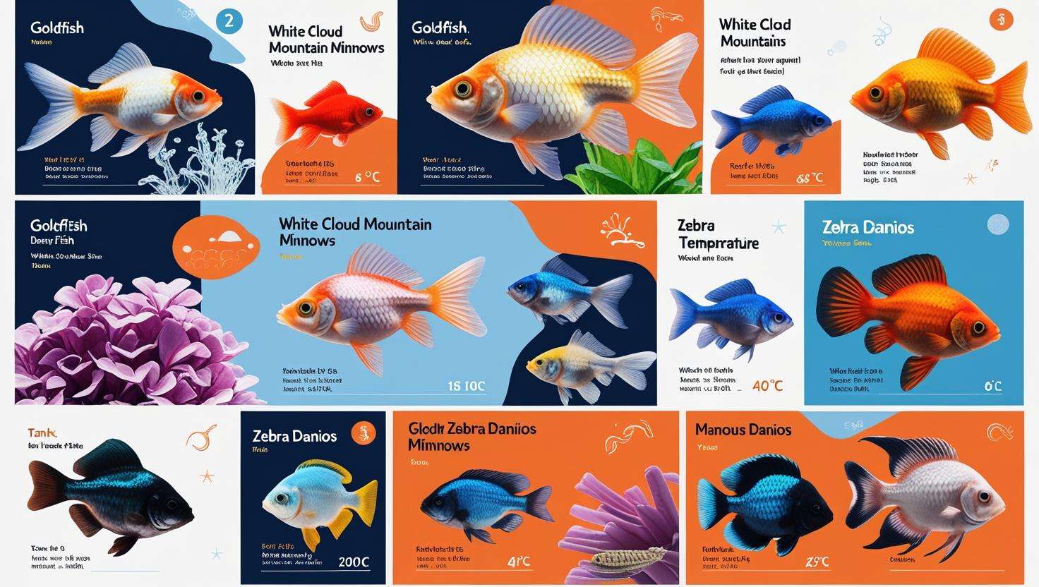 A visual guide showcasing the top 10 cold water aquarium fish species listed in the article (Goldfish, Minnows, Zebra Danios, etc.) with their names and key characteristics