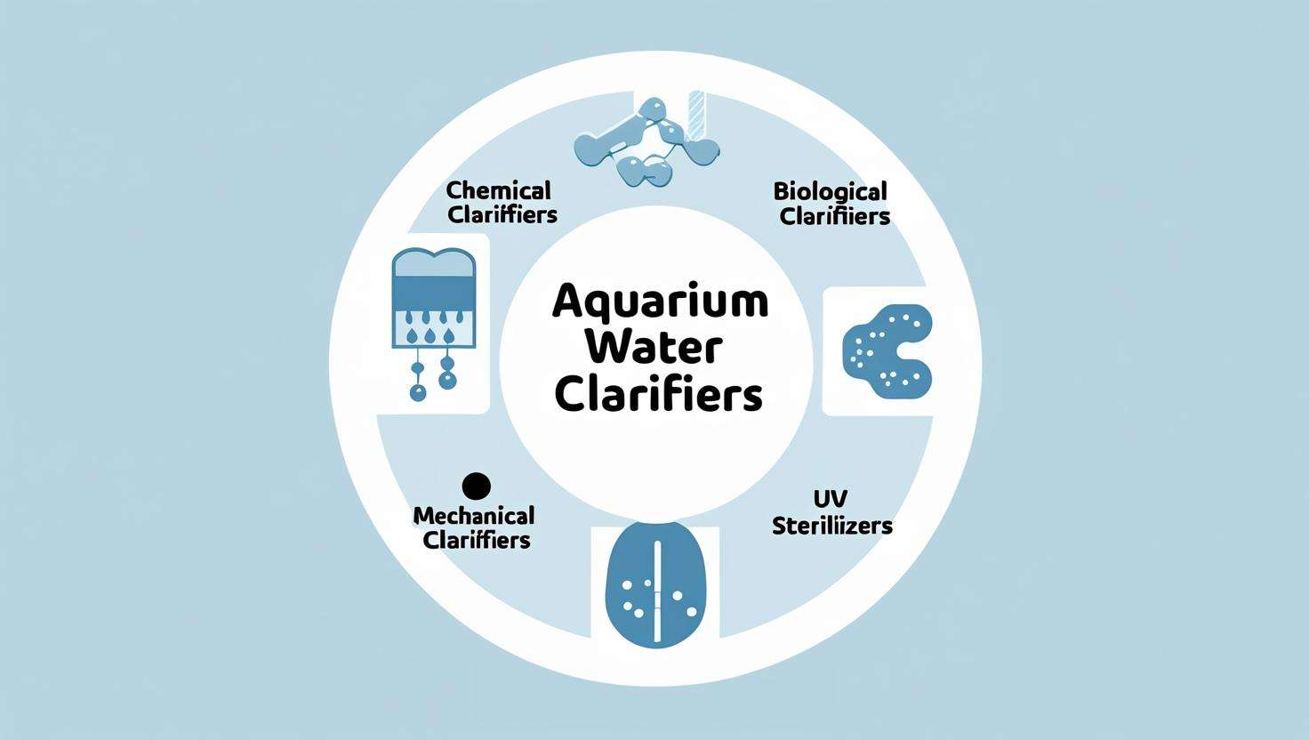 A visual breakdown of the four main types of aquarium water clarifiers (Chemical, Biological, Mechanical, and UV Sterilizers).