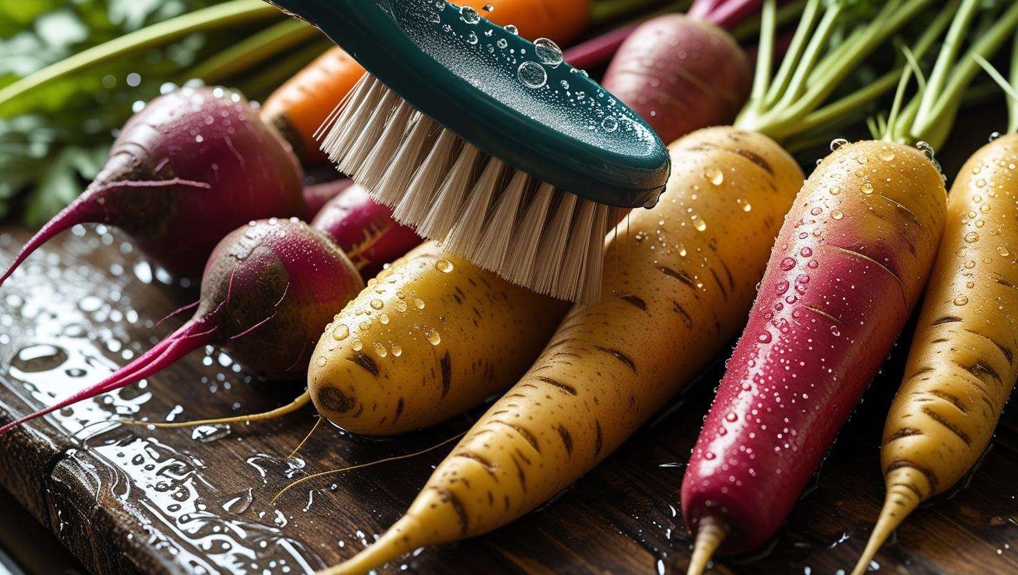 A person using a vegetable brush to scrub potatoes under running cold water in a kitchen sink, demonstrating the proper cleaning technique