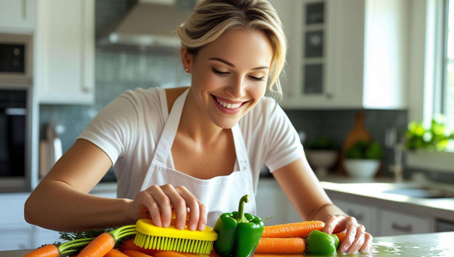 A person happily scrubbing vegetables with a vegetable brush in a bright, clean kitchen, symbolizing a healthier lifestyle and food preparation routine