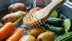 A close-up of various fresh vegetables like carrots, potatoes, and cucumbers being scrubbed with a vegetable brush, showcasing the cleaning process