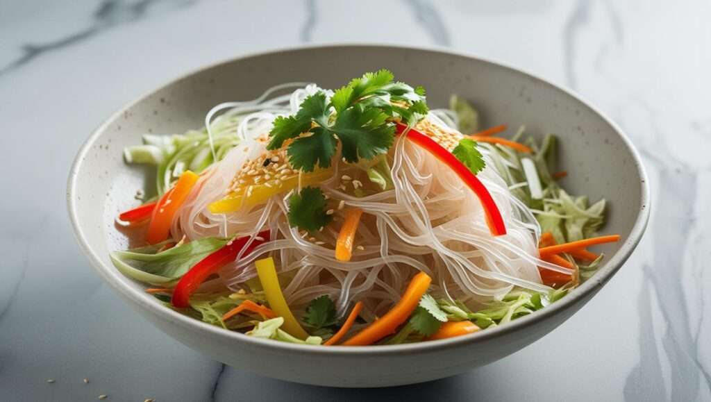 a bowl of vegetables and noodles